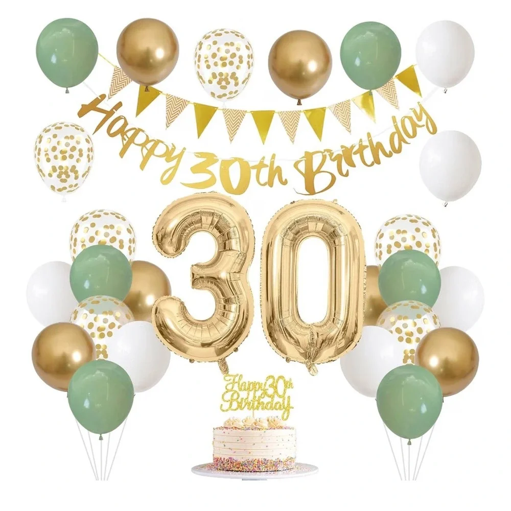 30th Birthday Decorations Set Sage Green Gold White Balloons Banner Cake Topper